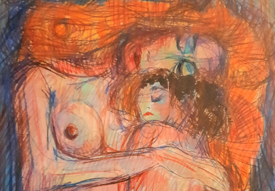 Ivo, moeder en kind naar Klimt, pastel potlood wasco, zwart ingekaderd, 29x37cm