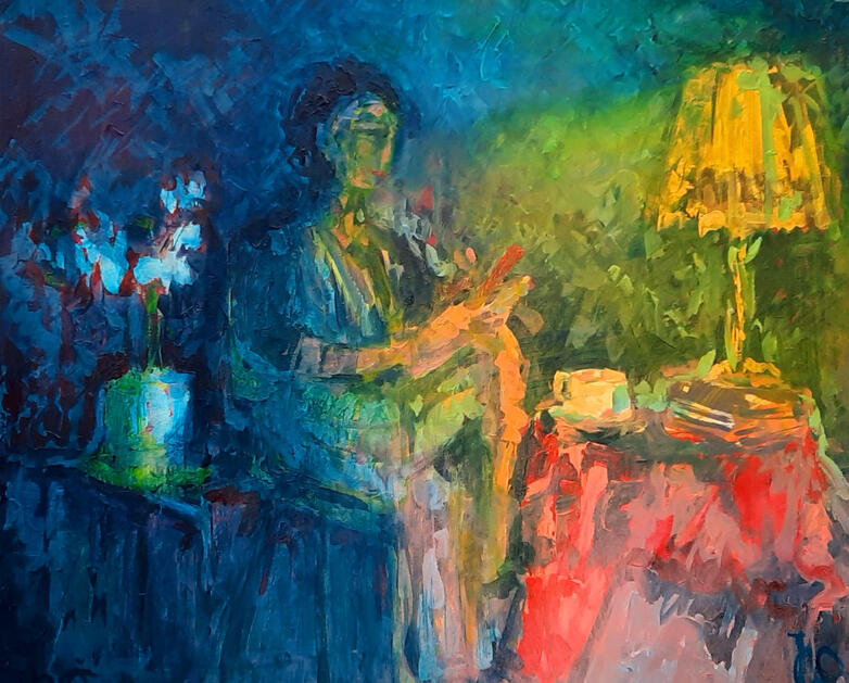 Woman with mobile phone, acrylverf op canvas gevernist, 60x50cm